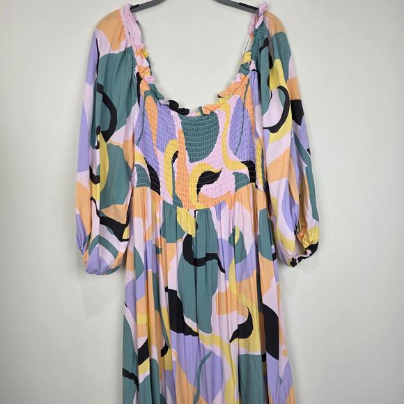 Eloquii Printed Puff Sleeve Off Shoulder Smocked Bodice Maxi Dress Size 24 - Picture 5 of 9